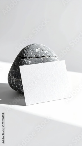 Clean white card leans against dark, textured stone with soft sunlight