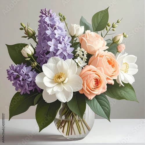 Delicate peach roses, white blossoms, and lavender hyacinths in a glass vase