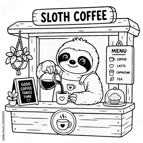 Cute cartoon sloth barista serving hot coffee at a wooden cafe stand, children coloring page outline illustration.