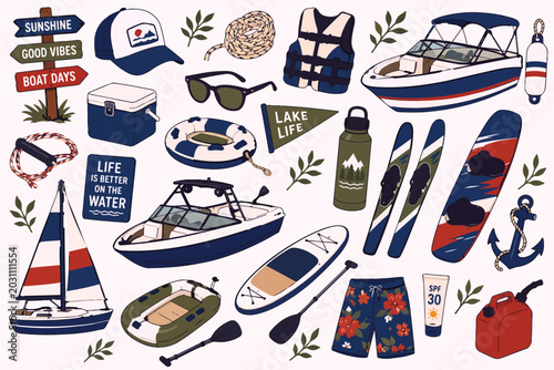 Lake Boat Boating Water Sports Sailing Motor Boat Water Skiing Dingy Rope Life Jacket Paddle Shorts Gas Water Bottle Fun Paddling Vector Print