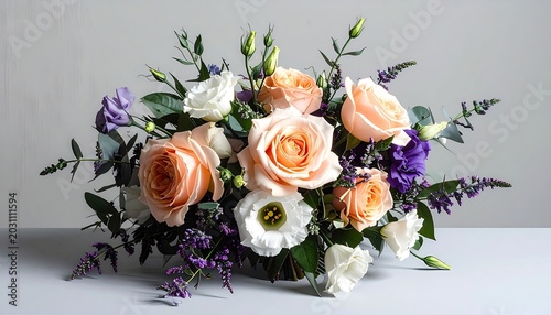 Delicate peach roses, white lisianthus, and lavender sprigs arranged artfully