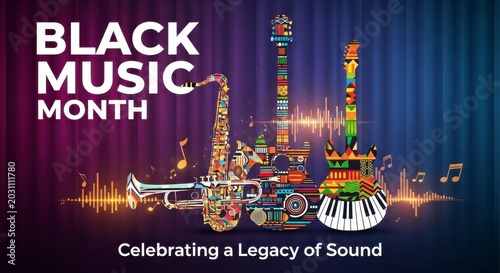 Black music month celebration with colorful musical instruments