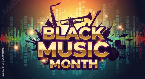 Black music month celebration with saxophone and musical instruments
