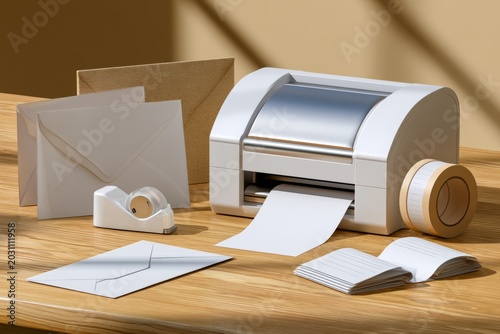 Compact shipping label printer on wooden worktable with envelopes and packing supplies