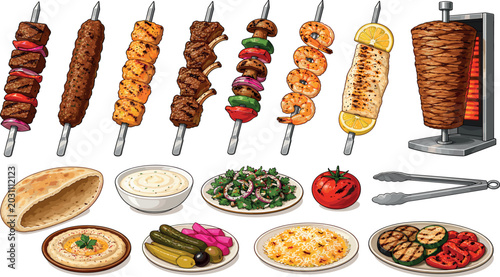 Obraz na płótnie Middle Eastern Grilled Meat and Kebab Vector Collection with Shawarma, Rice Dish