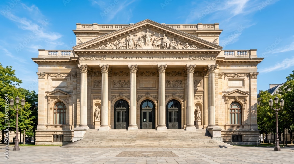 Fototapeta premium Museum building facade featuring carved pediment and columns facing wide stone steps in clear daytime urban square