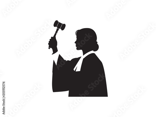 Fotografie Silhouette of a female judge holding a wooden gavel up high in this photo on whi
