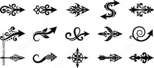 Photos Collection of 15 unique silhouette arrow icons with ornate designs and various s