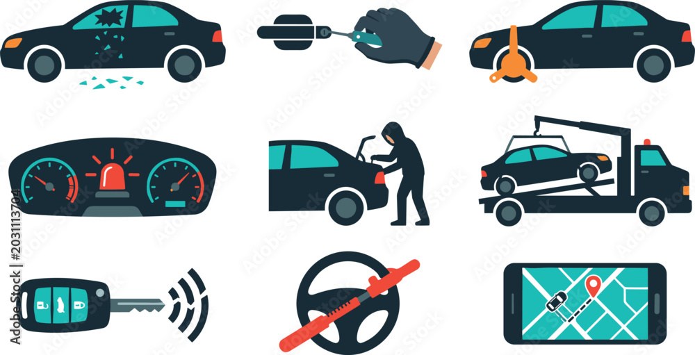 Naklejka premium Car Security and Vehicle Assistance Icon Set with Theft Protection, Towing Service, GPS Navigation, and Automotive Emergency Vector Symbols