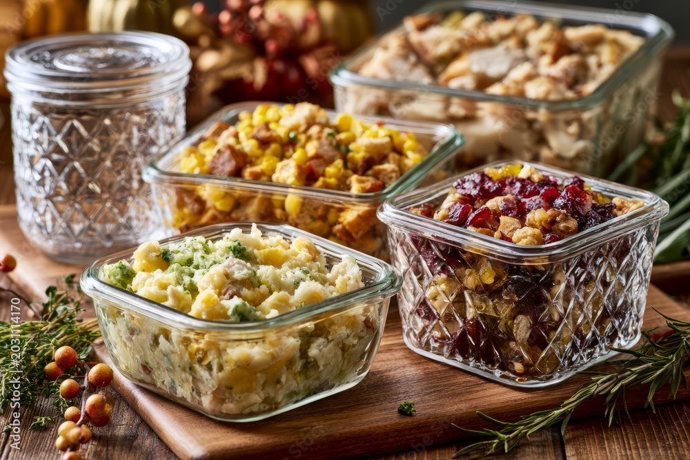 Obraz premium Canadian Thanksgiving leftovers packed in reusable glass containers on wooden board