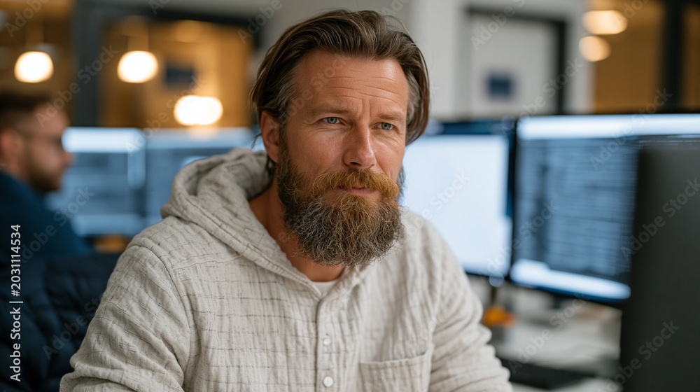 Obraz premium Cybersecurity analyst at government agency workspace surrounded by multi-monitor threat detection dashboards scanning encrypted network traffic logs in secure operations center with badge-access doo
