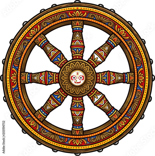 Intricate Dharma Chakra wheel illustration with decorative patterns and a central divine face in vector style