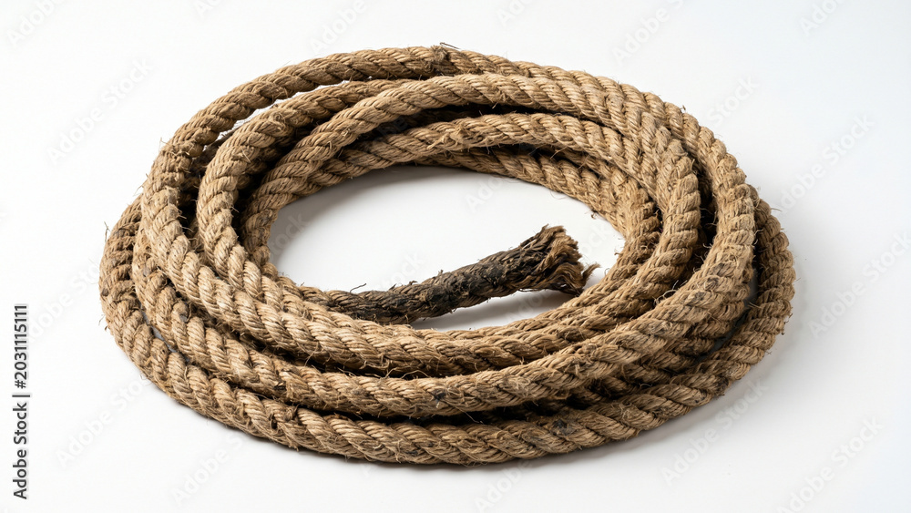 Obraz premium Coiled natural jute rope isolated on white background.