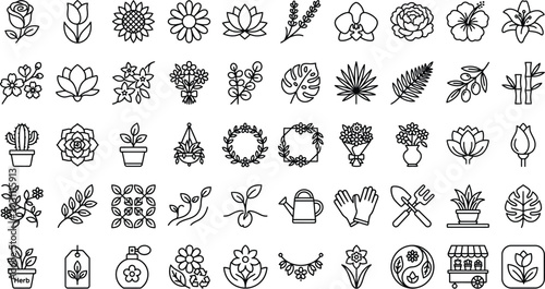 Flower and Botanical Minimal Line Icons Collection – Floral Outline Vector Set