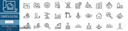 Commercial buildings outline icons set architecture skyscraper property real estate city investment business finance house construction & more vector illustration with editable stroke.