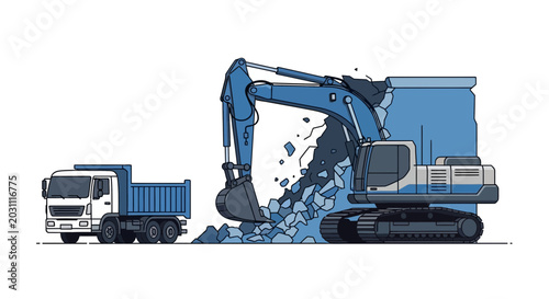 Industrial Demolition: Excavator Breaking Wall With a Truck Waiting for Debris