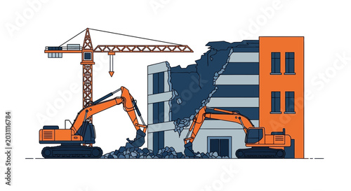 Industrial Demolition: Excavators And Cranes Destroying A Building For Construction.