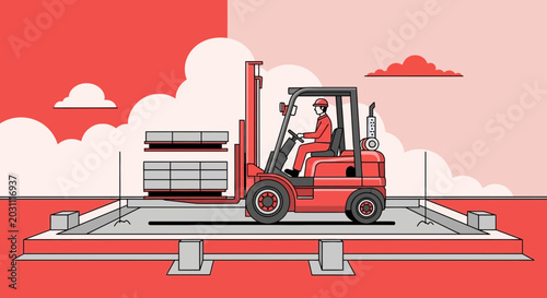 Industrial Forklift Transporting Construction Materials on Work Site Under Dramatic Sky
