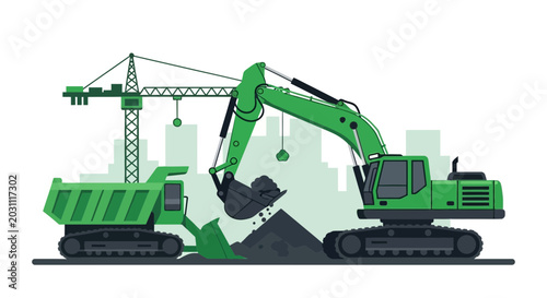 Industrial Construction Site Depicting Heavy Machinery and Operations in Green Tones