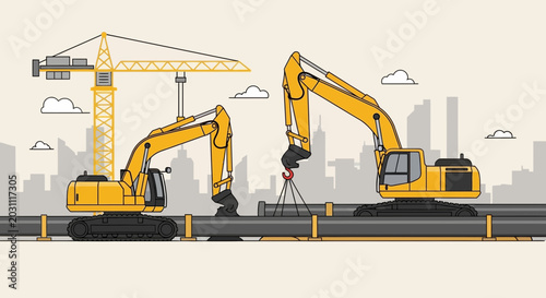 Industrial Construction Site Depicting Heavy Machinery and Pipeline Installation Operations