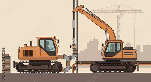 Industrial Construction Site Depicting Heavy Machinery and Piping Infrastructure Arrangement