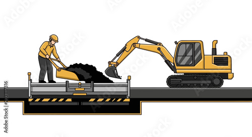 Industrial Construction Site Depicting Heavy Machinery and Laborers Cartoon Illustration
