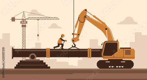Industrial Construction Site Depicting Heavy Machinery and Laborers Hard At Work Building