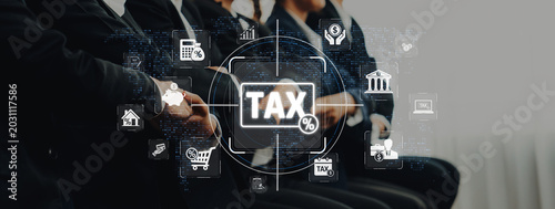 Fotografi Professional Business Meeting on Taxation with Digital Tax Icons and Symbols Rep
