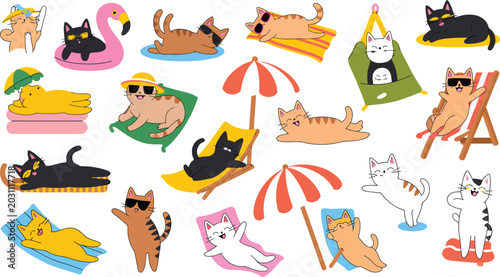A collection of cute cartoon illustrations featuring funny cats relaxing on the beach set