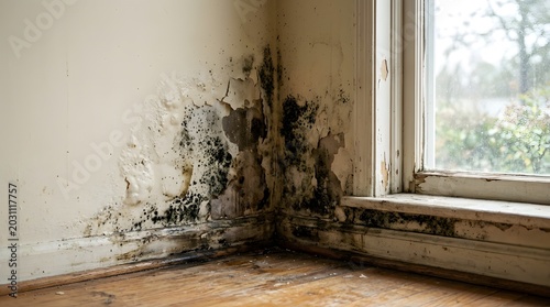 Unhealthy mold and fungus patches on a house interior wall due to condensation and leaks. Visualizing property damage, indoor air quality issues, and the need for professional remediation
