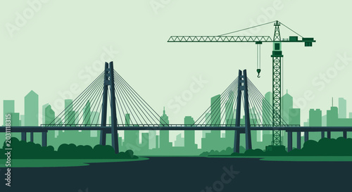 Minimalist Bridge and Cityscape Depiction Featuring Construction Crane for Urban Development