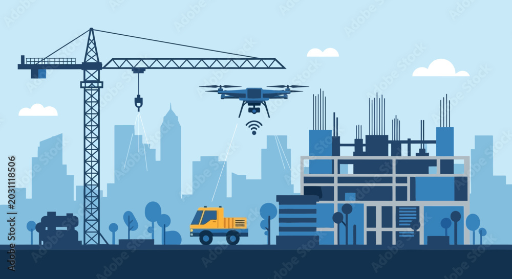 Obraz premium Modern Construction and Drone Technology in Urban Settings and Industrial Progress