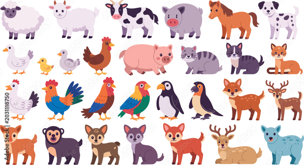 Fototapeta premium A charming collection of diverse farm, wild, and domestic animals in a flat cartoon style, perfect for children's books and educational materials, isolated on a clean white background.