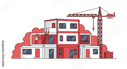 Modern Construction Project: Innovative Housing Design With Crane and Worker Silhouette