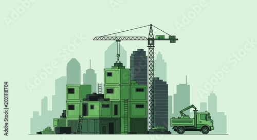 Modern Construction Project of Green Shipping Containers With Crane And City Silhouette