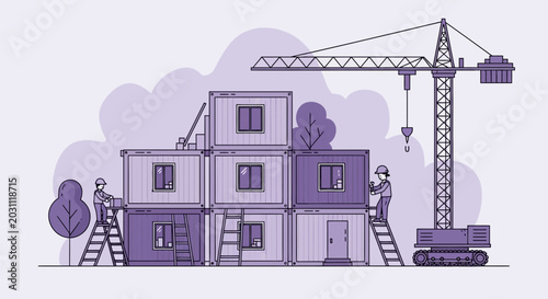 Modern Construction Projects: Assembling Prefabricated Buildings With Cranes And Workers