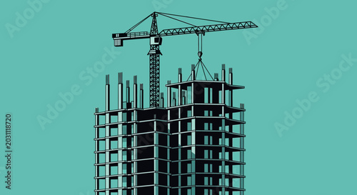 Modern Construction Project Underway: Crane Erecting Building Structure on Green Surface