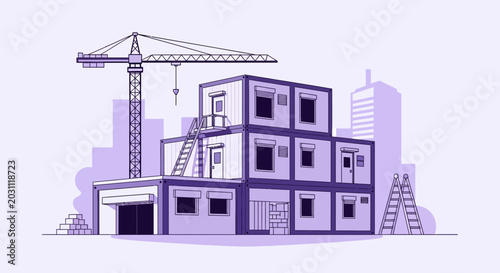 Modern Construction Projects With Crane and Container Buildings in Urban Environment