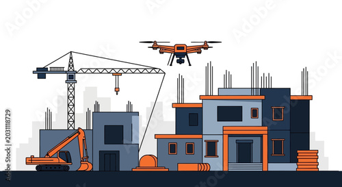 Modern Construction Scene Depicting Drone Technology and Equipment in Action on a Build Site