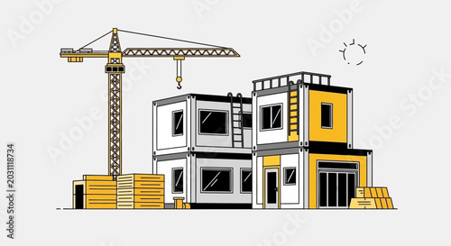 Modern Construction Scene: Crane Building Architectural Design and Shipping Container Structures