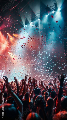 Confetti rains down as lights blaze across the stage. Crowd pulses with energy, arms raised toward the spectacle. Colorful beams illuminate faces lost in the rhythm. Celebration fills the air with joy