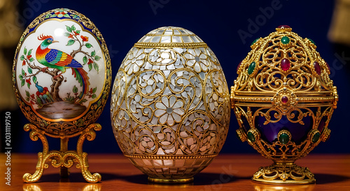 Three exquisite decorative eggs on stands, featuring intricate designs of a bird, mother-of-pearl mosaic, and gold filigree with gems