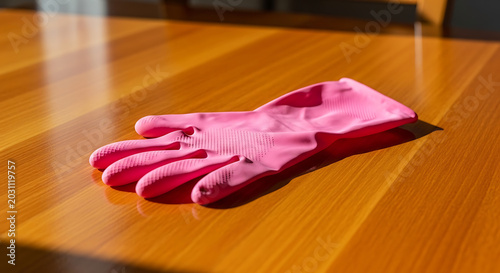 Single Pink Rubber Glove on Wooden Table with Sunlight