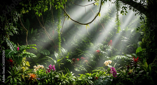 Sunbeams streaming through the dense canopy of a lush tropical rainforest jungle with vibrant exotic flowers