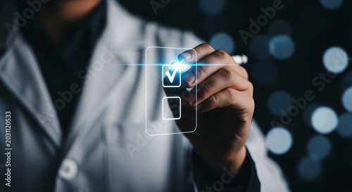 Person in lab coat marking a checkbox on a digital interface with a stylus checklist
