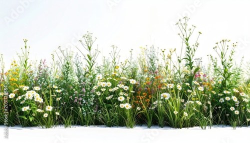 A vibrant meadow of wildflowers and grasses against a clean white background