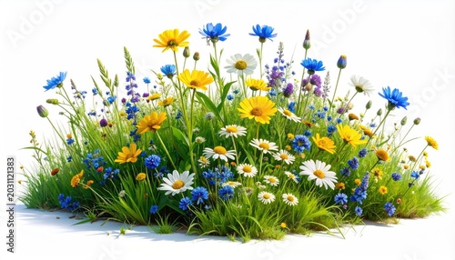 Vibrant field of wildflowers with yellow, blue, and white blooms against white