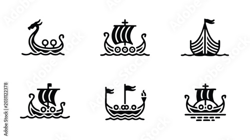 Fotografi Viking ship icons set sailing vessels on water
