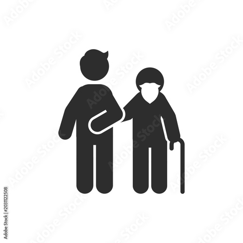 Son with an elderly father icon. Monochrome black and white symbol