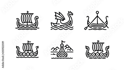 Viking ship icons set with dragon boat and longboat sailing vessels